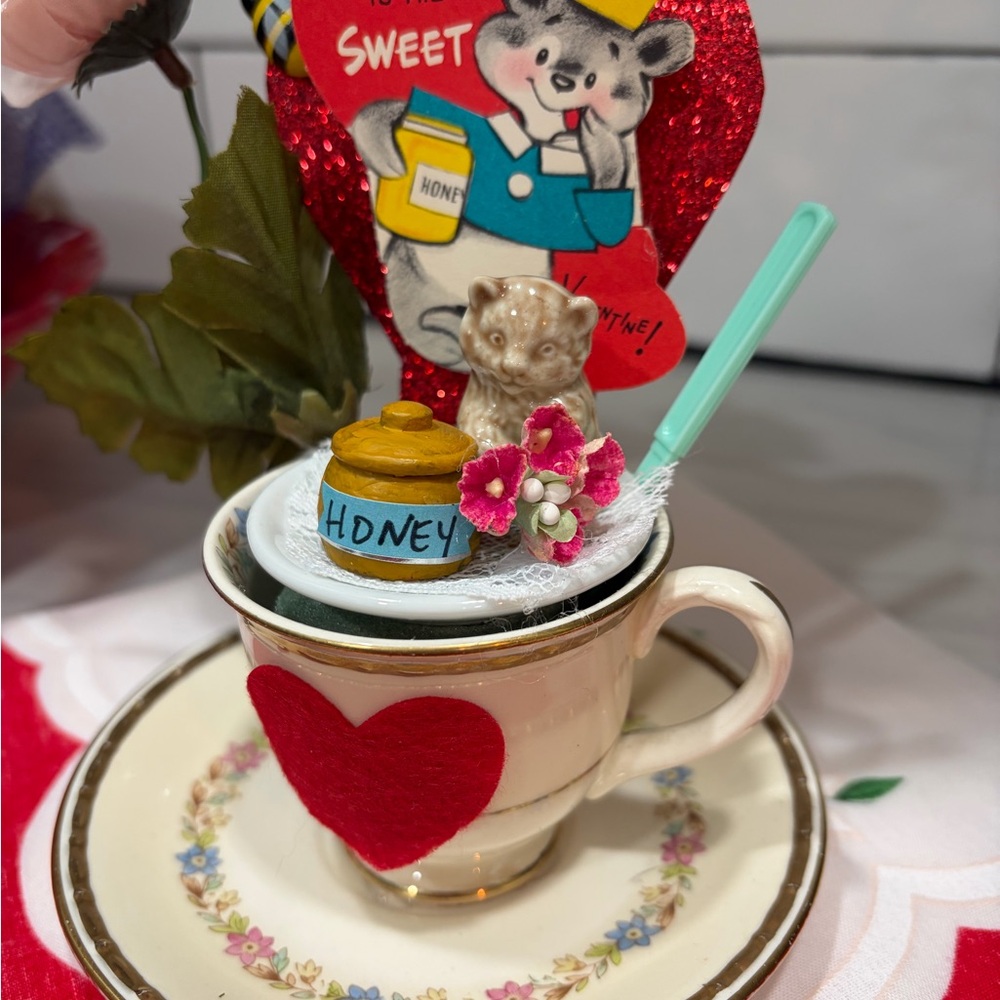 Vintage Valentine's Day Tea Cup Assemblage Decoration with Heart and Honey Bear